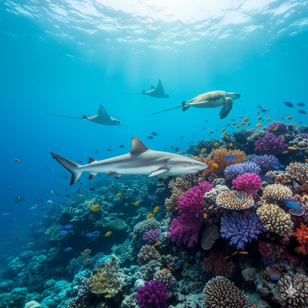 Reef shark patrolling along a colorful coral garden, sea turtles and rays in background, tropical underwater paradise